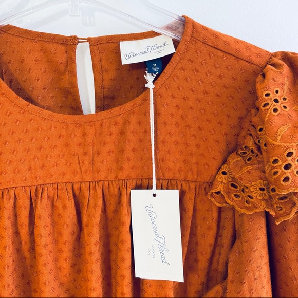 Universal Thread Brown Ruffle 3/4 Length Sleeve Eyelet Dress Size M 013096946 - Picture 9 of 11